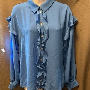 Zara Sky Blue Ruffle Front Blouse. NWT